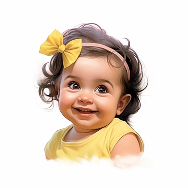 Adorable, cute, caucasian, baby girl, happy, smiling, wearing a yellow shirt and a pink satin ribbon in her hair, extreme focus, professional artists rendition, no text, no logo, no name, no letters, Highly Detailed, clip art, white background, smooth edg