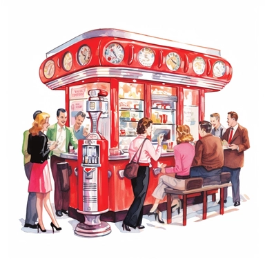 A classic American jukebox playing nostalgic tunes in a retro-style diner, with patrons dancing and enjoying milkshakes at the counter, clipart, watercolor, white background, american style