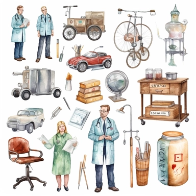 watercolor doctor related scenes , illustrations clipart set, simple, , cartoon elements ,different variants , glucometer, insulin syringe, nurse, doctor, stethtescope, mechanical body weighing scale, tweezers, microscope, ambulance, , separate elements with a margin