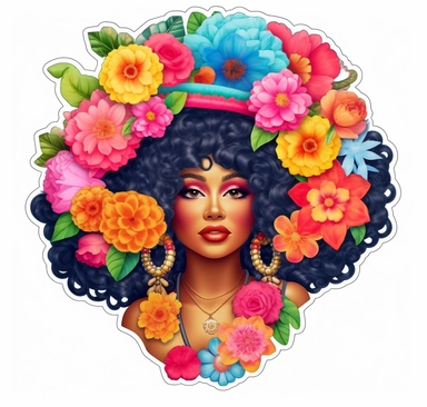an image of a Nicki Minaj with flowers, hearts, clipart, in the style of afro-colombian themes, poolcore, feminine sticker art, body extensions, tomàs barceló, minolta riva mini, heatwave