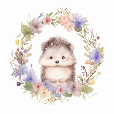 cute hedgehog in a dainty minimalist floral wreath, watercolour, magical, kids art, clipart, isolated white background, 8k,
