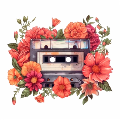 Vintage cassette with flowers, illustration clipart, high detailed, white background, digital art