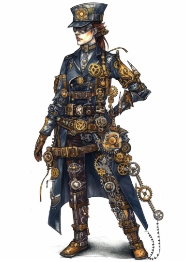 watercolor steampunk police officer in uniform decorated with some gears, highly detailed ,clipart, hd, on white background, spaced out