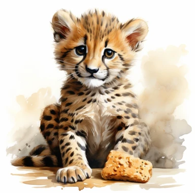 hyperrealistic ultra detailed watercolor clipart, cute baby cheetah eating, isolated on white background, in the style of digital print, clipart, illustration, sticker, ultra high definition, rich details, 32K, HD