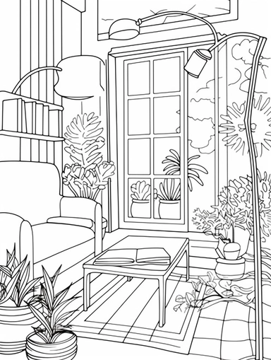 An Adult Coloring Book Featuring Fun and Relaxing Interior Home Designs with Beautifully Furnished Rooms and Welcoming Outdoor Spaces, coloring page line art, black and white clipart for coloring page, simple and clean line art, illustration style,
