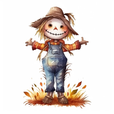 Halloween scarecrow, full color, knitted painting texture, Perfect for nursery art and children's book illustration style, simple, cute, full color, clipart, watercolor illustration, single object, high definition 8k,white background for removing background - - no text shadow font watermark