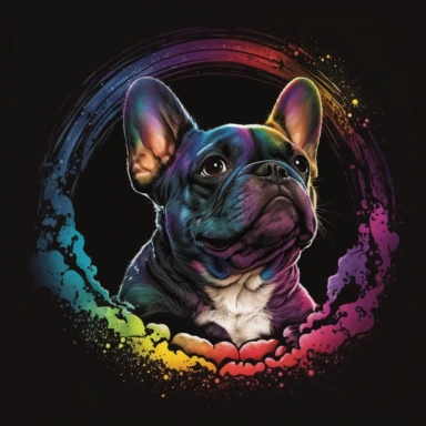 T shirt design, cute French bulldog vector clipart, colorful, circular design, love heart border, color pen and ink, illustration, realistic, 8K, cinematic, atmospheric, epic composition, pastel colors, natural lighting, black background