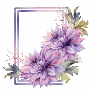 a floral frames made with Soft Purple and Pastel Purple Dahlia flowers, wet on dry watercolour style, antique look, clipart, white background