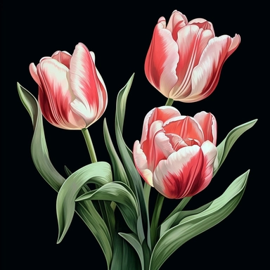 beautifully bend peach and red colour flash tulips close up withdark colour green stem and leaf crown , Clean, Illustratration white back round pink tulips Gothic floral art ,tulips Clipart,