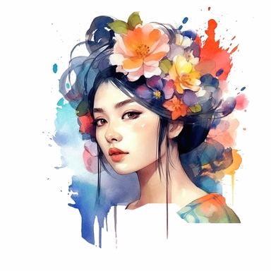watercolor style, asian-origin girl with flowers on her head clipart, isolated on white background, hd