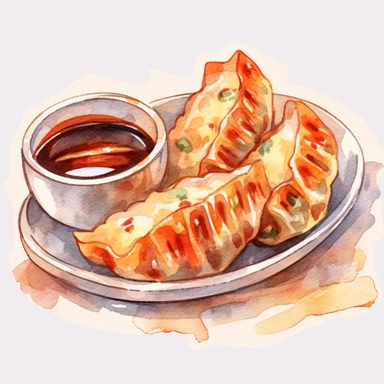 picturesque,bright luxury Japanese nutural food, Pan-fried gyoza dumplings with brown burnt marks, Japanese Gyoza have Juicy on the inside, a golden brown and slightly crispy base, for the restaurant menu, icon clipart on white background, watercolor, detailing in pastel colors, high quality, painted by Beatrix Potter, 8k,