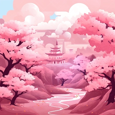 vector illustration of Spring Cherry Blossom trees landscape in pink pale background surreal, fairytale ascent clipart.