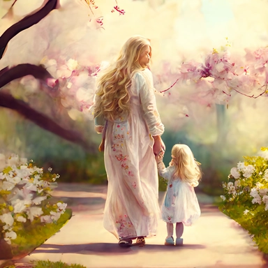 beautiful young pregnant mother with long beautiful blonde hair, toddler daughter with long beautiful hair holding hands walking in park, flowering trees, path lined with benches, highly detailed, realistic, fantasy, ethereal, soft colors, sharp focus, clipart style, fix dress