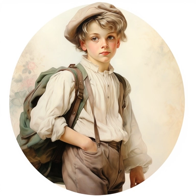 very beautiful boy with schoolbag, vintage, white background, round clipart with pastel color, detailed and lovely Renaissance painting