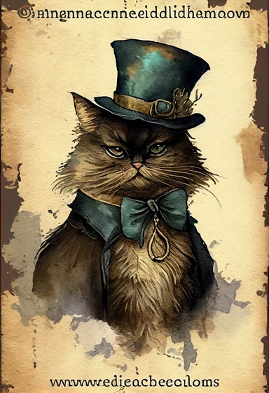 an adorable victorian cat, dark dark academia watercolor vintage CLIPART, illustration, hyper realistic, intricate detail clipart, watercolor, painterly, Jean-Baptiste Monge, drawing on top of old grunge beautiful scrapbooking background paper, old paper texture, decoupage printable digital background, distressed borders, vintage borders, grunge borders, shabby borders