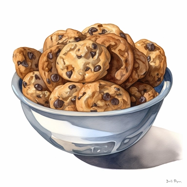 watercolor for a clipart with a white background of a bowl full with chocolate chip cookies, realism, by j.c. leyendecker