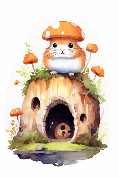 Create a watercolor clipart picture of a hamster living in a mushroom house , white background. The hamster should have a cute and happy expression, with its fur depicted in soft watercolor textures. Surround the hamster with small flowers and greenery, adding a whimsical touch to the scene.