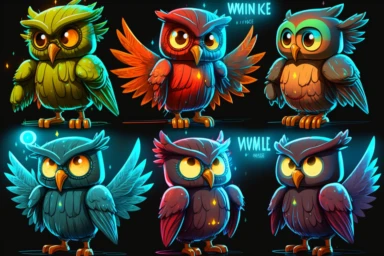 multiple clipart sheet, wise owl, neon in the style of skottie young, pixar character style