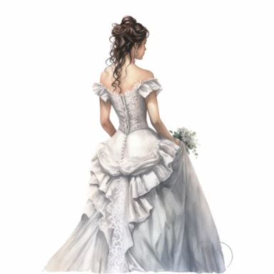 watercolor, hyper realistic, white background, white margins, 16k, ultra detailed clipart, cut out image, hand-drawn back view of a bride in a vintage-inspired gown with intricate buttons, lace trims, and a timeless silhouette, exuding old-world charm.