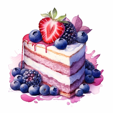 clipart, isolated on white background, Watercolor cake with flowers and berries, blue pallette, ornated, pastel colors