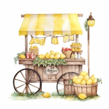watercolor clipart, white background, hd, pretty, farm style lemonade stand, no words, no letters, no signs ar 16:9 c 75