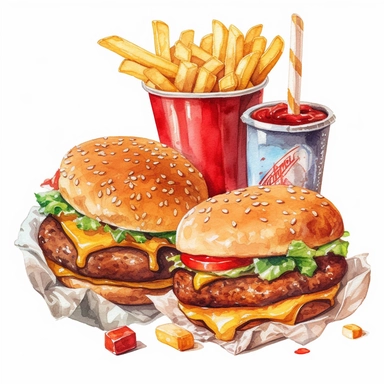 watercolor-style clipart featuring different fast food items, specifically a burger with fries, hotdog, fries, and cola