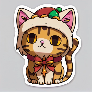 sticker clipart, vector sticker, cute chibi bengal cartoon cat, with a christmas property, christmas sceen, adventure time art style, trippy, featured on deviantart, furry art, furaffinity, official art, anime