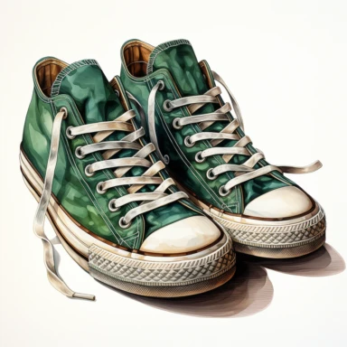 low top, green hand drawn , watercolor, hyper realistic, white background, white margins, 16k, ultra detailed clipart, cut out image, hand-drawn, ultra HD, sharp and clean art , a pair of vintage old worn sneakers 1940 -1950 era , capturing the romantic and feminine aesthetics often associated with vintage fashion and travel, Clipart