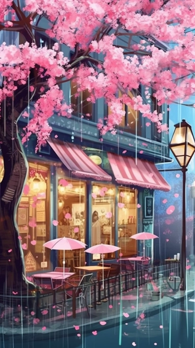 Very very cute and Whimsical quirky Jazzy coffee shop, building corner, cherry tree blossom, Raining colorful, Watercolored illustration in the style of Michael Powell, clipart, city vibe background - 8K