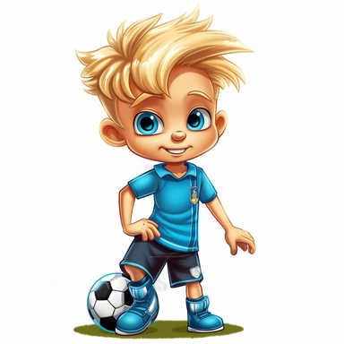 a 8 year old blond boy as a soccer star with hairstyle short sides, comic style clipart like paw patrol