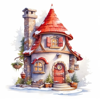 Watercolor, cute christmas santa house, magical, fantasy, clipart, white background detailed, 8k, high resolution, style of Sandi Mower, clean white background