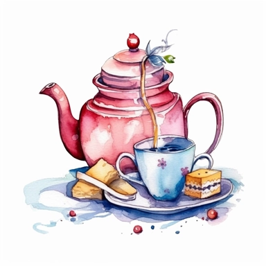 a Cute little a tea set, alice in wonderland inspired mad hatter tea party , Watercolor Clipart,white background Clipart ,single design, single object, watercolor illustration by Lizzie Mackay ,print on demand image, PNG transparent background, white background for removing background