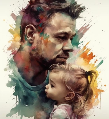 DESIGN A MAGNIFICENT AND EXQUISITE BREATHTAKING ONE-OF-A-KIND HIGH QUALITY HIGHLY DETAILED MASTERPIECE WATERCOLOR CLIPART ILLUSTRATION OF A one child is the gift of a parent love this watercolor picture person, painting quotes, dad quotes, father, man, father's love, in the style of sam spratt, daniel jaems, photo-realistic hyperbole, zack snyder, sketch-like, silver and purple, tightly cropped compositions