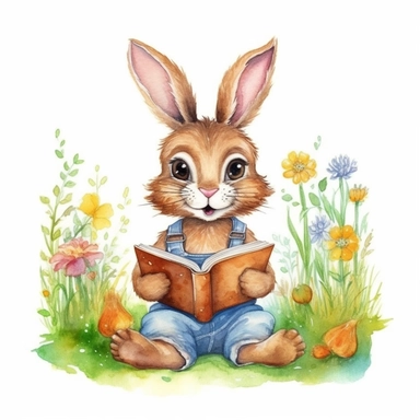 one cute male brown hare read book clipart,sit on grass, smile expression,wear summer farmer jumpsuit,standing pose, front view, in the style of watercolor cartoon clipart, beatrix potter style,pixar style, high resolution, composition free space, pastel color scheme, crisp,soft and tender, watercolour clipart, watercolor illlustration for kids and children,isolated white background, clipart most popular on etsy, book illustration, featured on dribble,print on demand image, PNG tranparent backgr