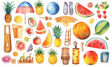 tropical summer watercolour clipart pack, in the style of playful, pool/beach items, fruit, animals, iso 200, oversized objects, uhd image, konica auto s3