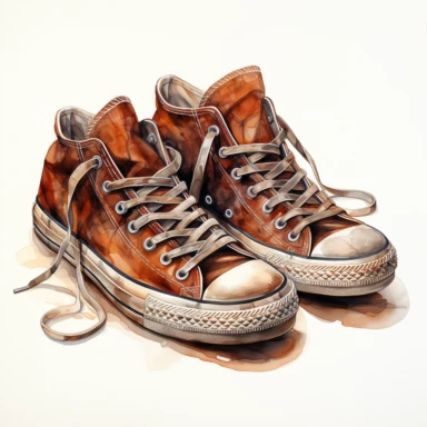 hand drawn , watercolor, hyper realistic, white background, white margins, 16k, ultra detailed clipart, cut out image, hand-drawn, ultra HD, sharp and clean art a pair of white vintage old worn sneakers 1940 -1950 era , capturing the romantic and feminine aesthetics often associated with vintage fashion and travel, Clipart