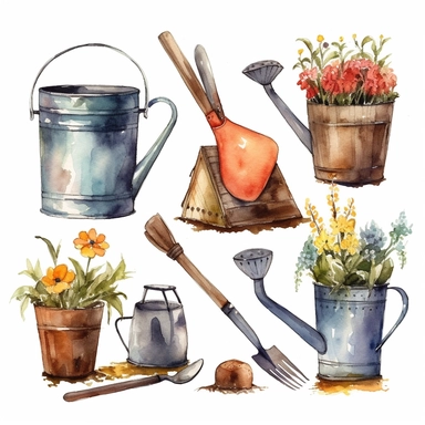 Watercolor illustration of a set of water bucket, watering can, scoop, broom, tree branch, rake, flower pot. Hand-drawn with watercolors and is suitable for all types of design and printing. Clip art