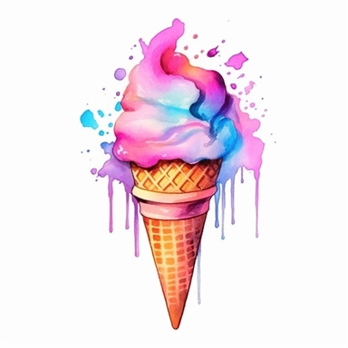 clipart watercolor pastel neon colors - ice cream cone with sundae - hard contrast - high details - enough space between each item