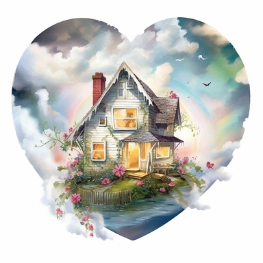 painting in the shape of a heart with a cottage and storm clouds inside of it, in the style of enchanting realms, nature-inspired installations, bloomcore, mesmerizing colorscapes, skillful, fluid and organic, cottagecore, clipart, blank white background