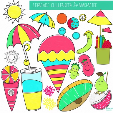 Please create a series of color-pencil clipart illustrations featuring different items related to summer. Each illustration should be drawn in a playful and cheerful style that captures the vibrancy and warmth of the season. Items to include can be beach 