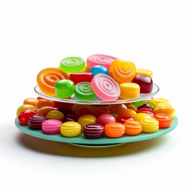 Subject: A colorful candy display Type: Realistic and eye-catching Position: Viewed from the top at a slight angle Instructions: Midjourney, create a candy clipart that shows a colorful candy display from the top angle. The candy should be of different shapes and sizes, including lollipops, gummies, and hard candies. Make sure to create vibrant colors for each type of candy. The background should be white to make the candy stand out. Please make the clipart as realistic and eye-catching as possi
