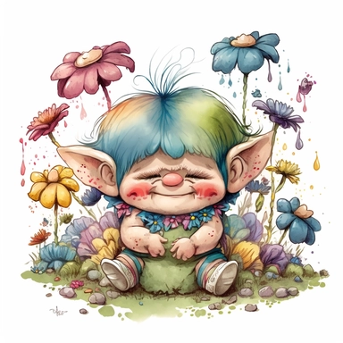 a watercolor clip art character illustration that combines the innocent and angelic expression of Precious Moments with the mischievous and magical attributes of Trolls, sitting in a field of colorful flowers, wearing a big smile and surrounded by fluttering butterflies, white background.