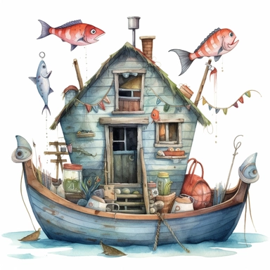 whimsical watercolour cute clip art fishing equipment
