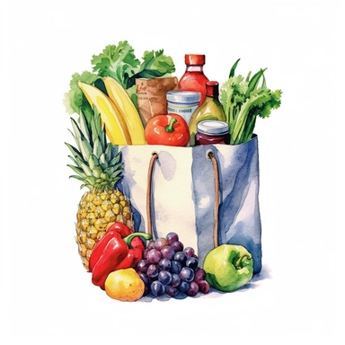 watercolor detailed illustration of Grocery bag with a variety of groceries peeking out, clipart, white background