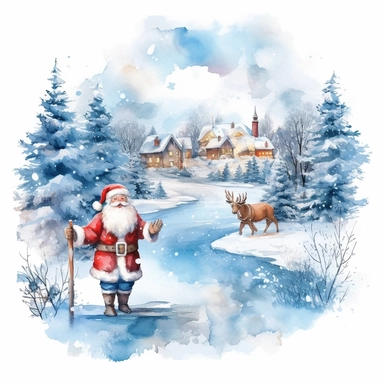high resolution Christmas theme Watercolor Cute santa claus wearing blue Clipart Collection in beautiful winter landscape with a lot of snow and a small lake, christmas theme, detailed, isolated, white background, one pattern 8k