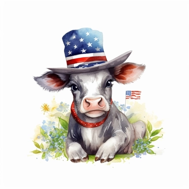 american flag day, water colour clipart, beautiful a calf sitting in grass wearing american hat, and glases, background beautiful cow shad, cute, happy, realistic, 8k