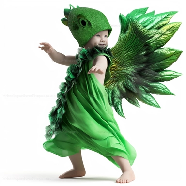 green baby girl Godzilla, looks like an alien, doing high step dance moves, wearing a designer dress made from Phoenix feathers , ultra high fashion, wearing ruby neck scarf, techno lighting, disney cuteness, plain white background, cutout clipart