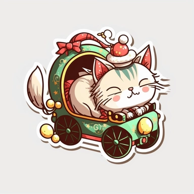 vector sticker design, anime style, unique Christmas cute cat in santa carriage clipart, white background, flat colors