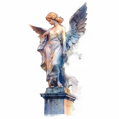 angel statue watercolour in the style of digital airbrushing, realistic yet stylized, digitally enhanced, elaborate costumes, 32k uhd, clipart, white background