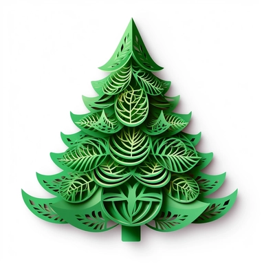 clipart, paper cut craft illustration of green christmas tree, white background